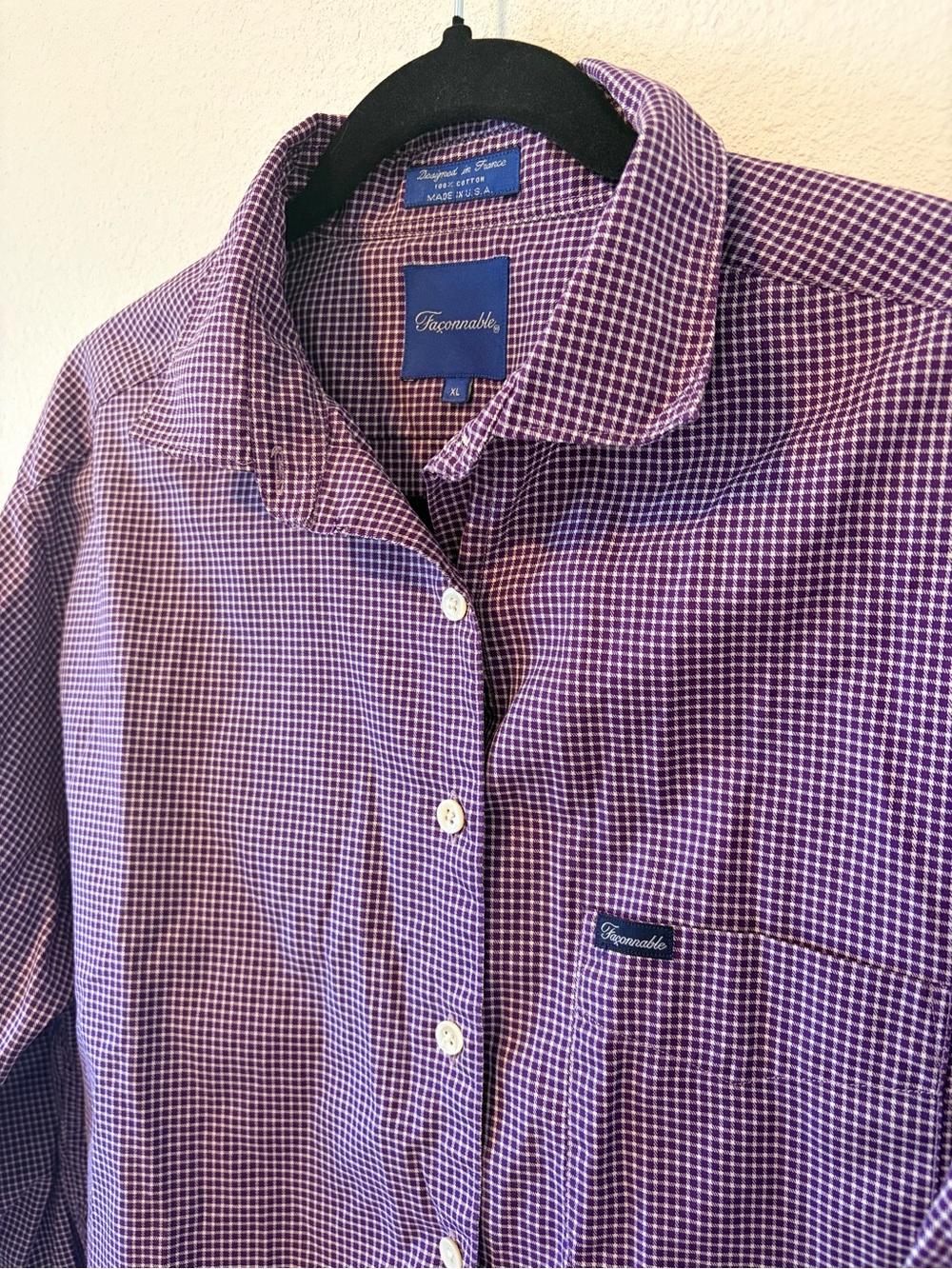 Façonnable Women’s XL Purple Micro Check Button Down Shirt USA Made 100% Cotton